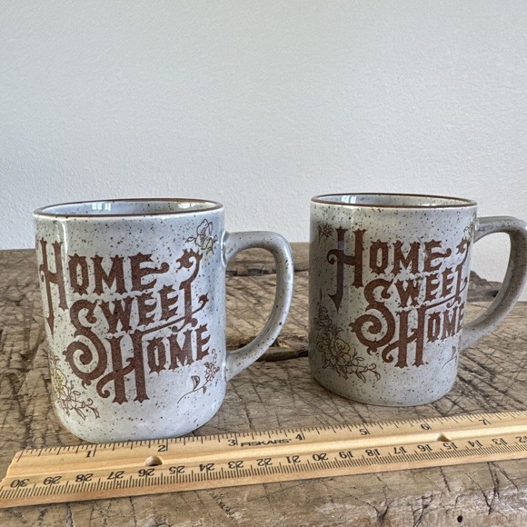 Vintage Home Sweet Home Mugs Pair Speckled Pottery Set Made in Japan 70s Country - Picture 12 of 13